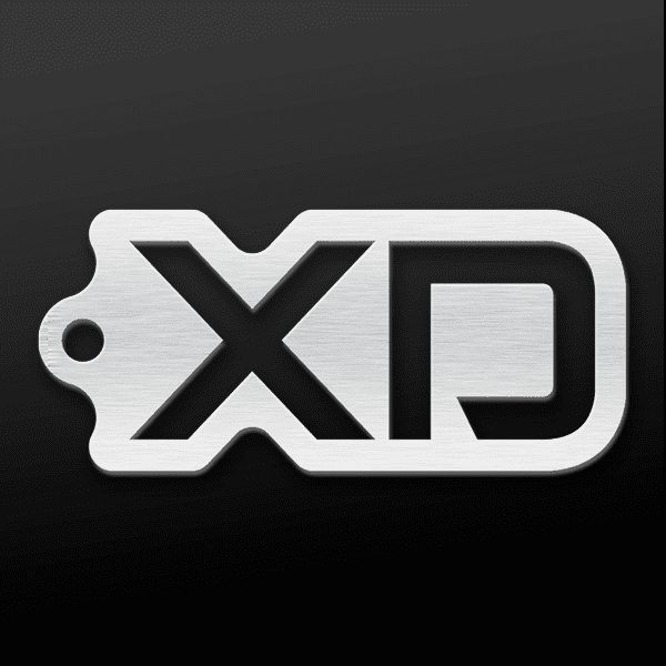 Custom XD one piece aluminum keychain orbital sanded and precision water jet cut